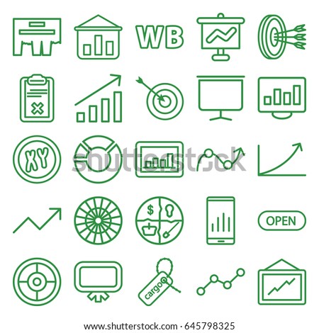Marketing icons set. set of 25 marketing outline icons such as board, target, graph, cargo tag, clipboard, line graph, wb, open, arrows in target, xy, chart on display, dart