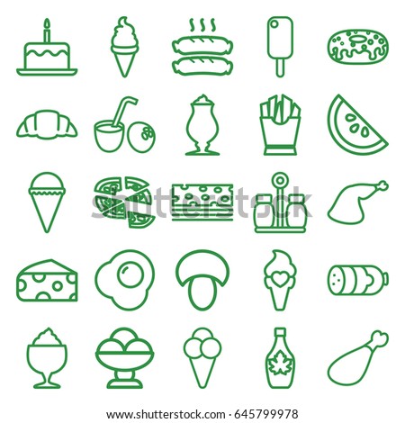 Tasty icons set. set of 25 tasty outline icons such as mushroom, sausage, cheese, cake with one candle, ice cream, french fries, donut, pizza, maple syrup, milkshake
