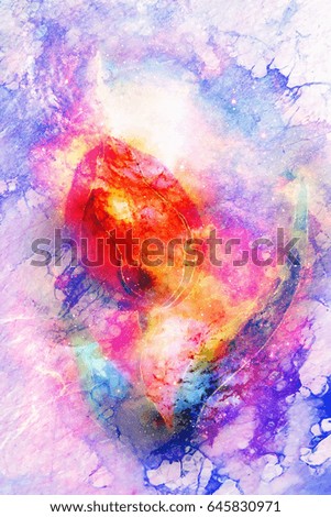 tulip flower on abstract background, space motive collage. Marble effect