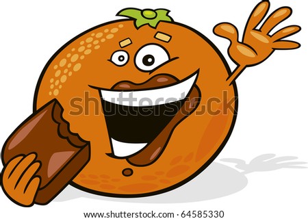 illustration of cartoon orange eating chocolate
