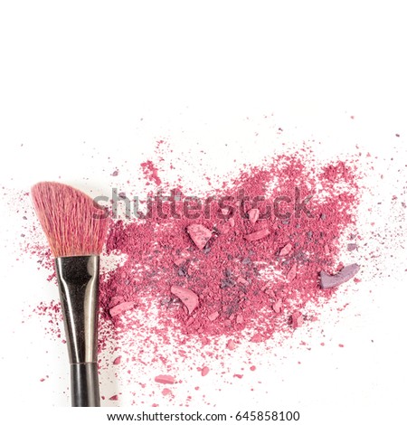 Makeup brush on white background, with vibrant traces of powder and blush. A square template for a makeup artist's business card or flyer design, with plenty of copy space
