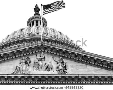 Washington DC Capitol dome close up detail in black and white. Isolated against white background with copy space