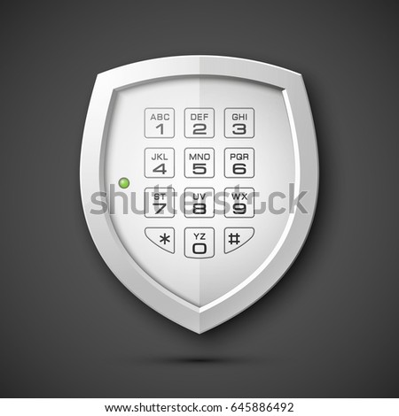 Shield with electronic Combination Lock isolated. Defense sign & PIN code entry panel. Protection concept. Safety badge shield icon. Privacy banner. Security label. Presentation sticker shield tag