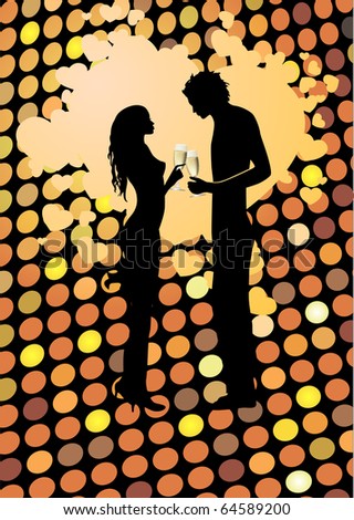 Couple drinking champagne on disco background. Raster version. Vector version is in my gallery.