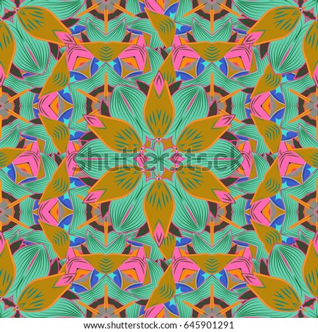 Tropical seamless pattern with many blue abstract flowers. Varicolored vector seamless illustration.