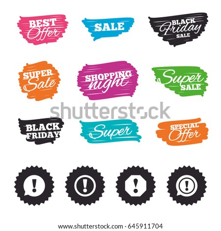 Ink brush sale banners and stripes. Attention icons. Exclamation speech bubble symbols. Caution signs. Special offer. Ink stroke. Vector