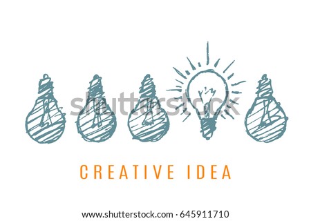 Five lamps, one of them is on. Vector concept illustration. Hand drawn sketch. Lettering creative idea.