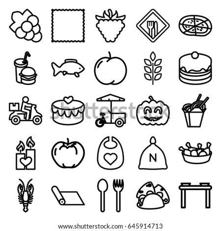 Food icons set. set of 25 food outline icons such as crab, wheat, sack, apple, baby bid, grape, carpet, taco, cake, chicken leg, pizza, burger and drink, raspberry, heart lock