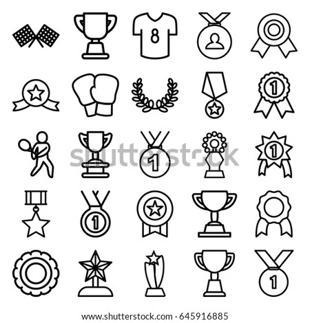 Champion icons set. set of 25 champion outline icons such as medal, trophy, tennis playing, finish flag, football t shirt, olive wreath, star trophy, number 1 medal