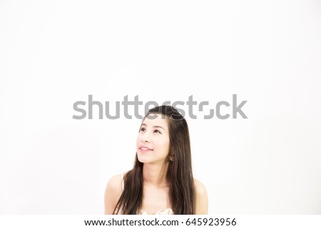 portrait of the beautiful young asian woman, Thinking woman with many idea and looking up with finger at face, have space, isolated on white background
