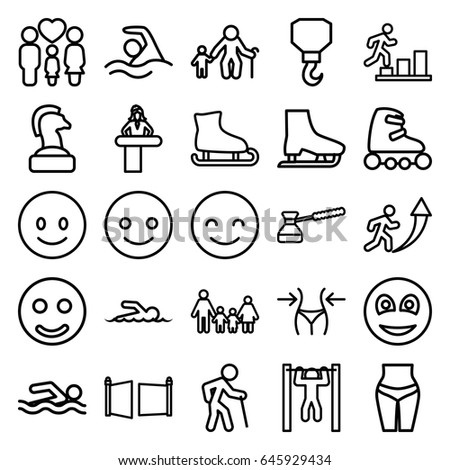 Figure icons set. set of 25 figure outline icons such as airport desk, slim, hook, bar   tightening, family, smiley, turk, gate, swimmer, swimming, skate rollers, ice skate