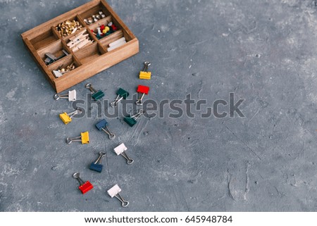 Office supply tray top view, copy space 