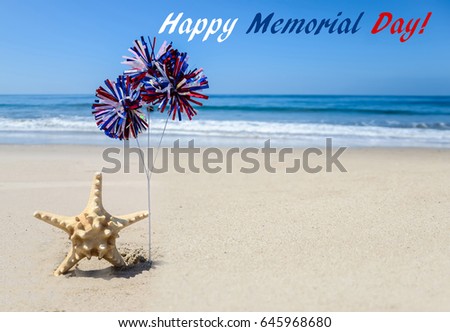 Memorial day background with starfish and decoration on the sandy beach