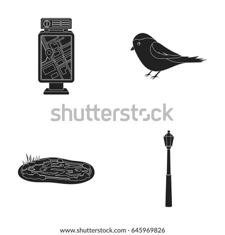 Territory plan, bird, lake, lighting pole. Park set collection icons in black style vector symbol stock illustration web.