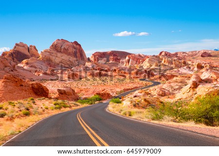 Road through Valley of Fire State Park in Nevada Royalty-Free Stock Photo #645979009
