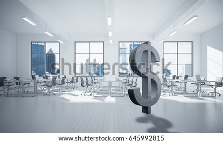 Stone dollar symbol in modern office interior as currency sign. 3d rendering