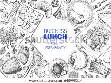 Lunch top view frame. Food menu design. Vintage hand drawn sketch vector illustration.
