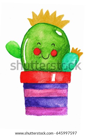 Cute Cactus Watercolor illustration Hand drawn cactus image Happy cactus smiling Fun picture for gardening, decoration Cartoon, kids drawing style