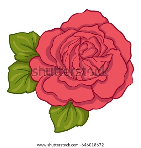Isolated red rose with green leaves. Stock line vector illustration.