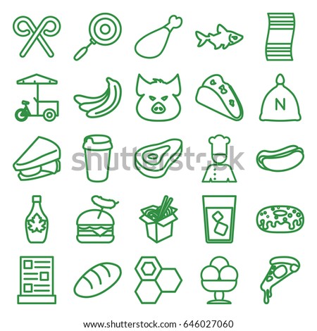 Food icons set. set of 25 food outline icons such as pig, fish, sack, beef, banana, bread, honey, taco, pizza, hot dog, drink, donut, sandwich, maple syrup