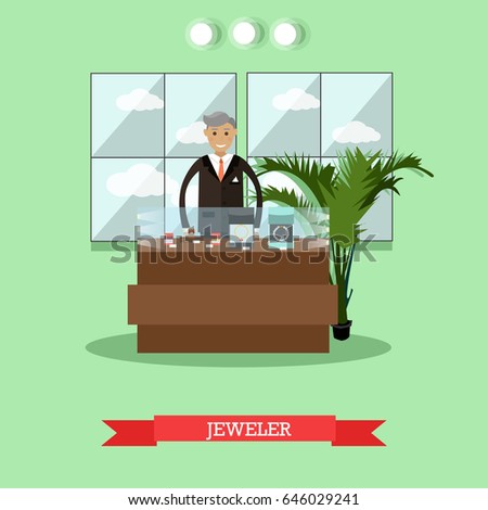 Vector illustration of jeweler standing at jewelry showcase. Goldsmith at jewelry workshop or store concept flat style design element.