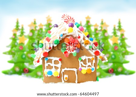 Decorated christmas tree forest with yellow stars sitting in snow ready for christmas with  gingerbread house in the front