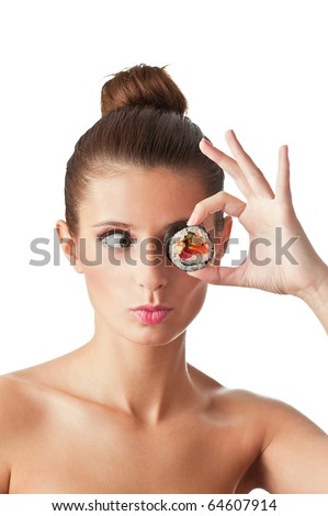 Funny picture of woman holding sushi roll on her eye. Isolated on white background.