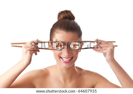 Funny picture of woman holding sushi rolls on her eyes. Isolated on white background.