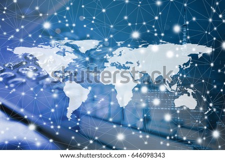 Double exposure Global business network concept on credit card. Elements of this image furnished by NASA