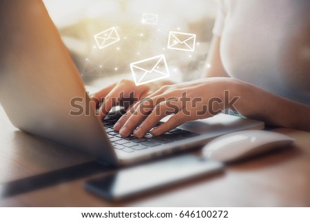 Closeup Woman hand using Laptop pc with email icon, Email concept Royalty-Free Stock Photo #646100272