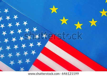 Closeup of Flags of USA and European Union. political concept