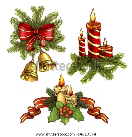 Christmas illustrations of candle and holly berry, bells and bow