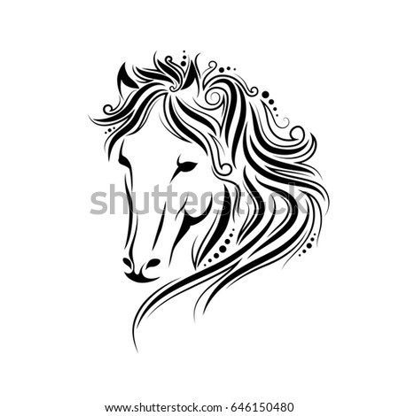 Stylized doodle and curls horse portrait. ink tribal horse head design, perfect for logo or tattoo, hand drawn unique tangle illustration isolated on white background