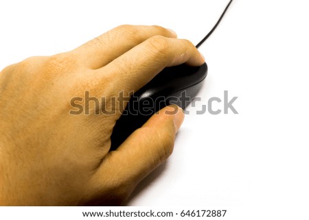 Male left hand holding computer mouse, Isolated on white background