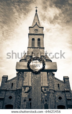 sepia tone picture of Holy Family Church in Zakopane, Poland