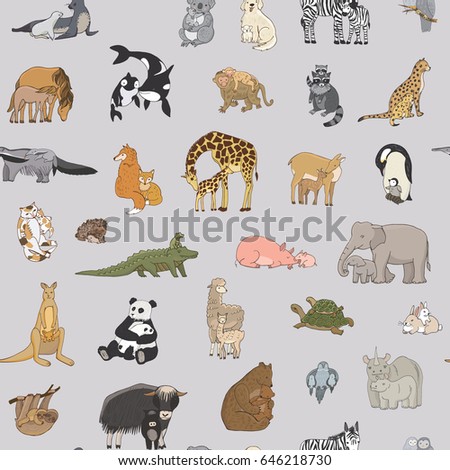 animals with babies vector seamless pattern