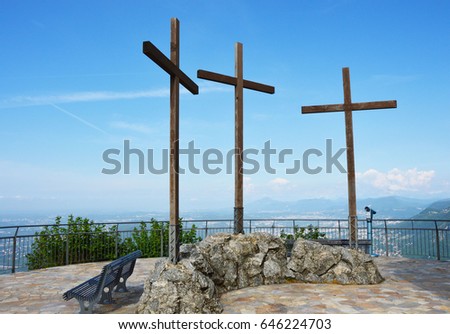 Spectacular viewpoint of Monte Tre Croci three crosses mount from the top of San Maurizio of Brunate, Como, Italy 