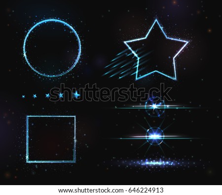 VECTOR eps 10. Glowing collection. Shining lines, rounds, stars with sparks on dark background. Starlight light effects with stardust, golden sparks stage, lighting circle, ui game circle  round frame