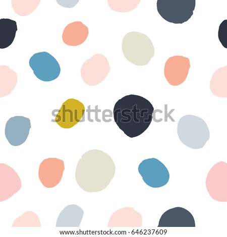Pastel powder pink, navy blue, salmon, beige, grey watercolor hand painted polka dot seamless pattern on white background. Acrylic ink circles, confetti round texture. Abstract vector, greeting cards.