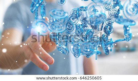 Businessman on blurred background using digital arobase blue sphere to surf on internet 3D rendering