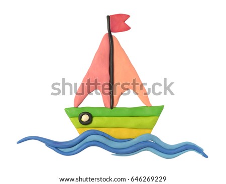 A bright ship on the waves. Clay. Handmade.