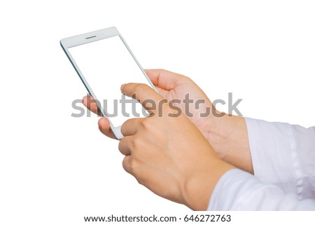 Female hand holding cellphone isolate on white background
