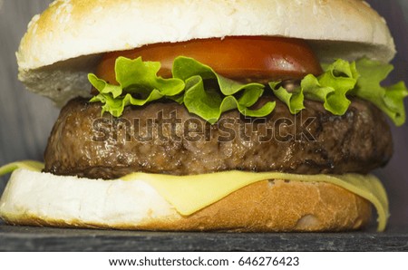 Delicious hamburger with cheese, lettuce and tomato on a stone