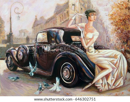picture, girl, lady with retro car, classic car, evening city,looking for partnerships with artdillers, artist, Roman Nogin ,sale original - contact facebook Royalty-Free Stock Photo #646302751