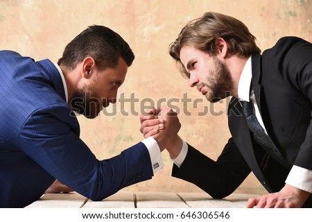 partnership and teamwork, arm wrestling of businessman and compete man, co workers and dominance