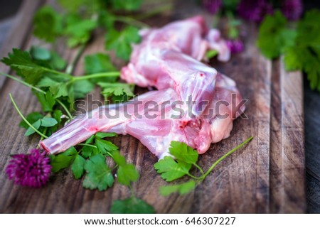  Raw fresh rabbit meat on wooden background