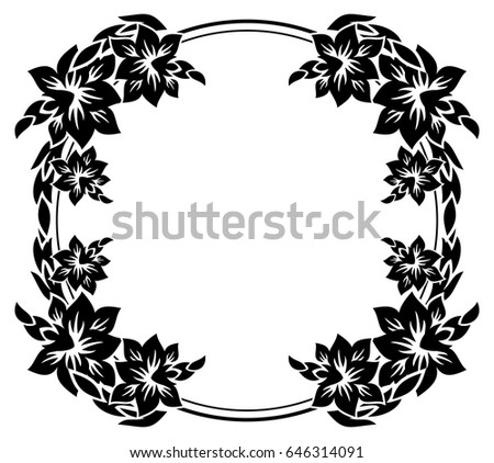Black and white silhouette frame with decorative flowers. Vector clip art
