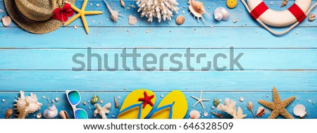 Beach Accessories On Blue Plank - Summer Holiday Banner
 Royalty-Free Stock Photo #646328509