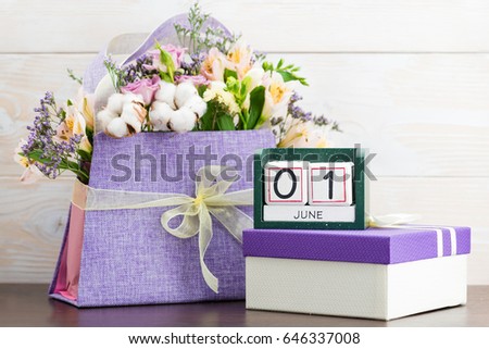 Calendar 1 June Still Life with Flowers and gifts. World Milk Day, International Children's Day, Global Day of Parents