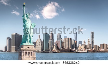 The statue of Liberty, Landmarks of New York City with Manhattan building
background